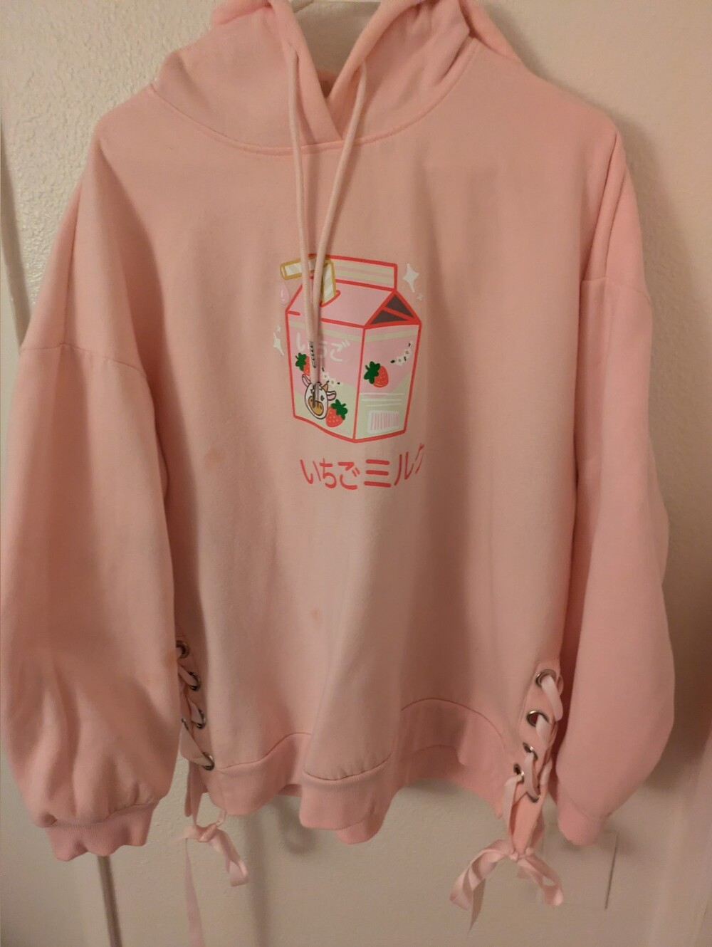 ROMWE Shein Pink Strawberry Milk Sweatshirt Ribbon Corset Hoodie Size XL
